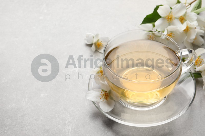 Glass cup of jasmine tea and fresh flowers on grey table. Space for text