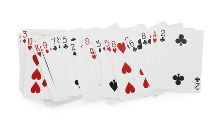 Deck of playing cards isolated on white, top view. Poker game