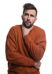 Man suffering from sore throat on white background. Cold symptoms