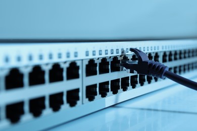 Photo of Closeup view of network switch with cable on light background, toned in blue. Internet connection