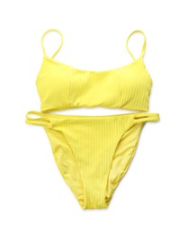 Stylish yellow swimsuit isolated on white, top view. Beach accessory