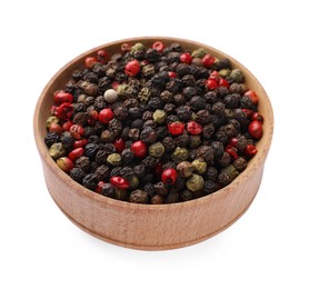Wooden bowl of peppercorn mix on white background