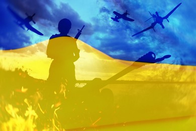 Double exposure of Ukrainian national flag and soldier with weapon and planes in combat zone