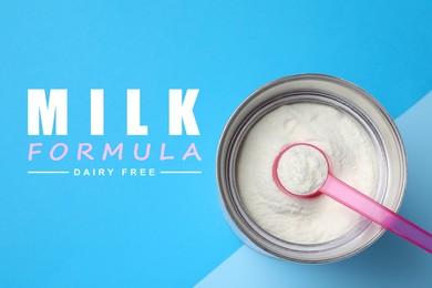 Can of powdered dairy free infant formula and scoop on color background, top view. Baby milk