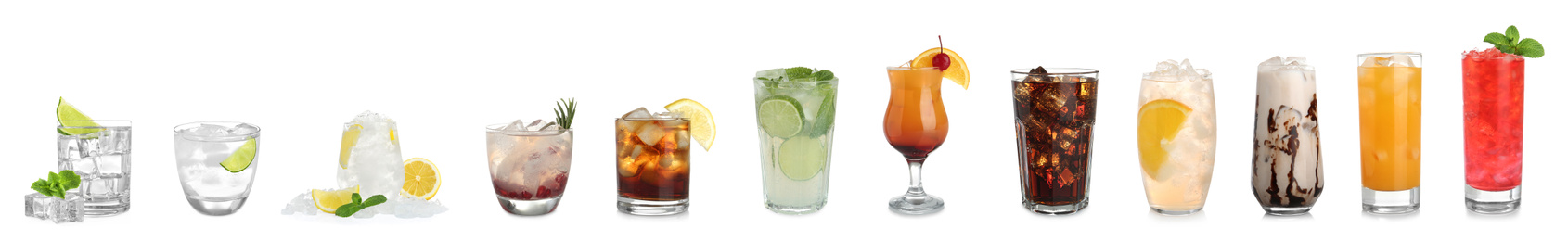 Set of different delicious cocktails with ice cubes on white background. Banner design 