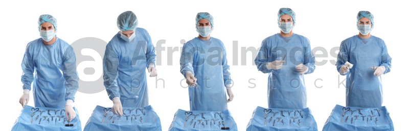 Collage with photos of doctor near table with different surgical instruments on white background. Banner design