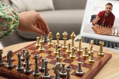 Woman playing chess with partner via online video chat at home, closeup