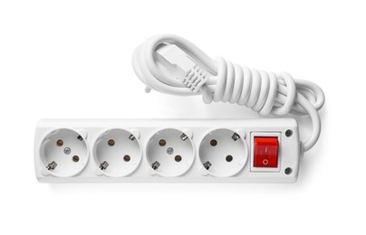 Power strip isolated on white, top view. Electrician's equipment