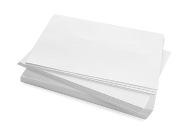 Stack of blank paper sheets isolated on white, above view. Space for text