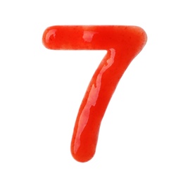 Photo of Number 7 written with red sauce on white background
