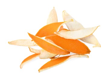 Photo of Pile of dry orange peels isolated on white, top view