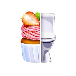 Illustration of Bulimia - eating disorder. Illustration of cupcake and toilet bowl on white background, collage