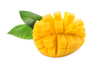 Cut ripe mango isolated on white. Exotic fruit