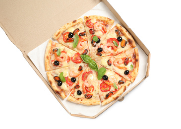 Tasty pizza with seafood in cardboard box isolated on white, top view