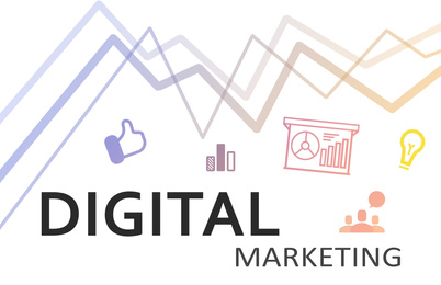 Digital marketing strategy. Icons and graphs on white background