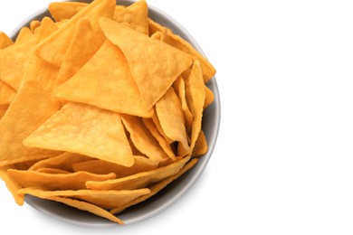 Photo of Tortilla chips (nachos) in bowl on white background, top view