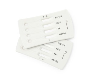 Two disposable express tests for hepatitis on white background, top view