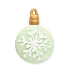 Beautifully decorated Christmas macaron isolated on white, top view