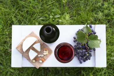 Photo of Red wine and snacks for picnic served on green grass outdoors, top view