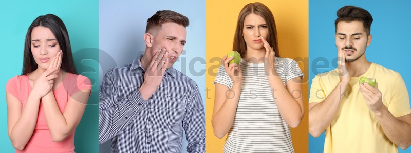Collage with photos of people suffering from toothache on different color backgrounds. Banner design