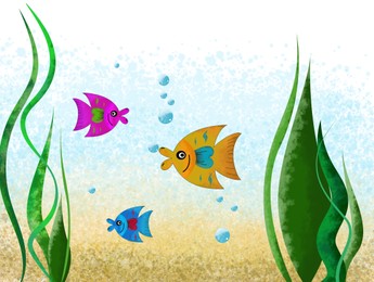 Illustration of Drawing of beautiful fish in underwater world. Child art
