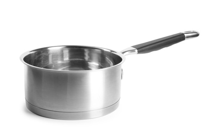 Empty steel sauce pan isolated on white