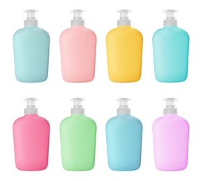 Set with multicolored bottles of liquid soap on white background