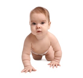 Cute little baby in diaper crawling on white background