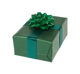 Beautifully wrapped gift box with green bow isolated on white