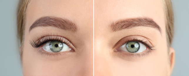 Image of Collage with photos of young woman before and after eyelash extension procedure, closeup. Banner design