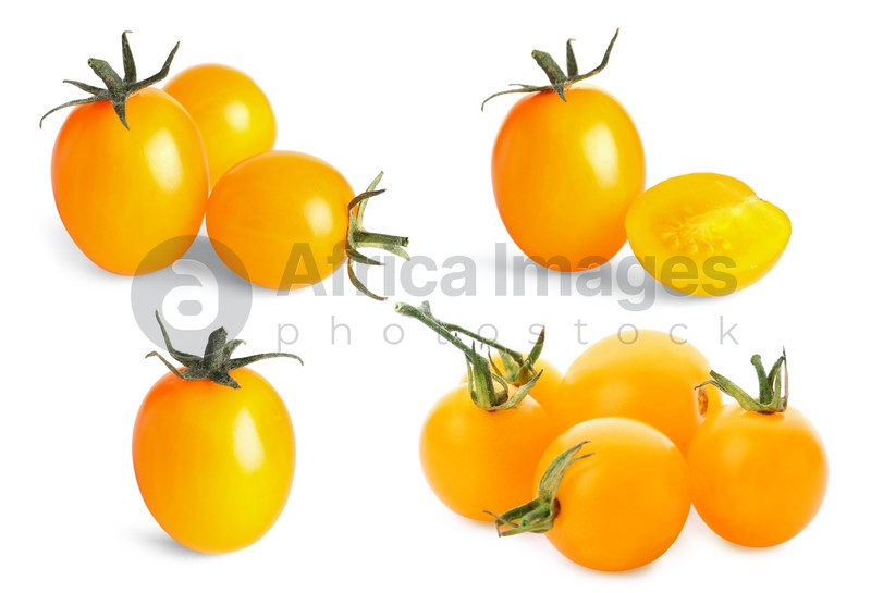 Set of ripe yellow tomatoes on white background