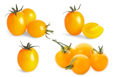 Set of ripe yellow tomatoes on white background