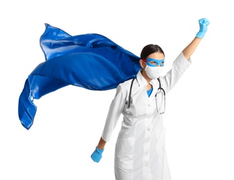 Doctor dressed as superhero posing on white background. Concept of medical workers fighting with COVID-19