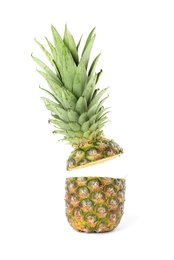 Photo of Cut fresh juicy pineapple on white background