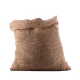 Open burlap bag isolated on white. Organic material