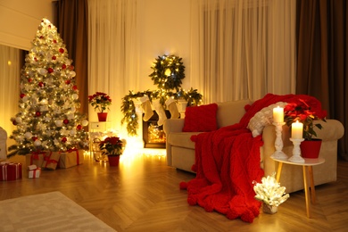 Christmas themed photo zone. Cozy living room interior imitation