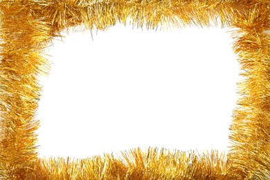 Frame of shiny golden tinsel on white background, top view. Space for text