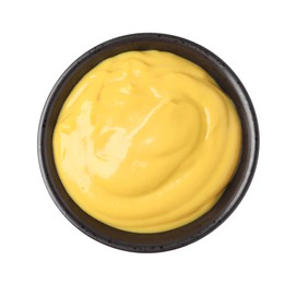 Spicy mustard in bowl isolated on white, top view