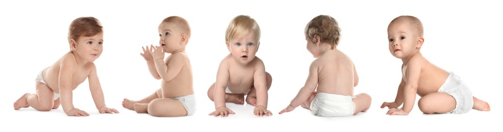 Cute little babies on white background, collage. Banner design 