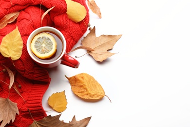 Composition with hot drink on white background, top view. Cozy autumn