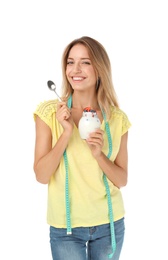 Happy slim woman with measuring tape and yogurt on white background. Positive weight loss diet results