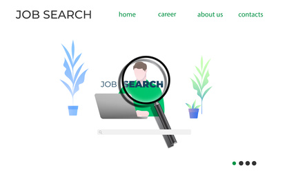 Job search website interface. Man using pc and magnifier - flat illustration