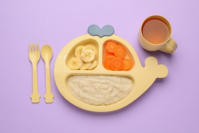 Photo of Healthy baby food in plate and cup with drink on violet background, flat lay