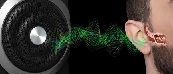 Modern audio speaker and man listening to music on black background, closeup view of ear. Banner design