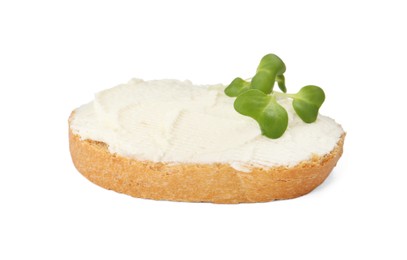 Photo of Delicious sandwich with cream cheese and microgreen isolated on white