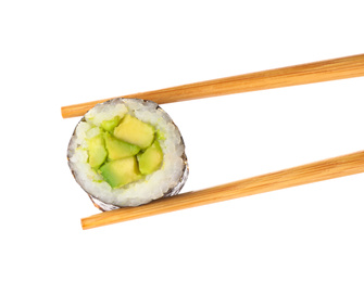 Delicious avocado sushi roll on white background