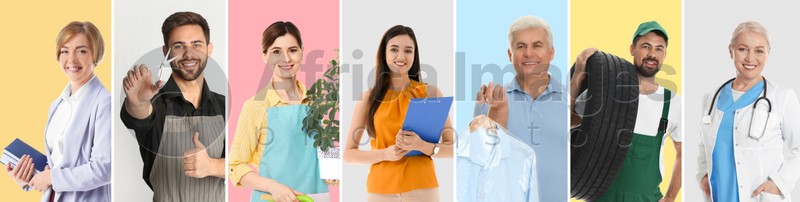 Collage with photos of people of different professions on color backgrounds. Banner design