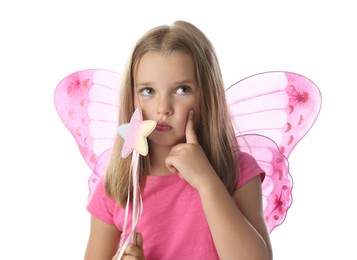 Cute little girl in fairy costume with pink wings and magic wand on white background