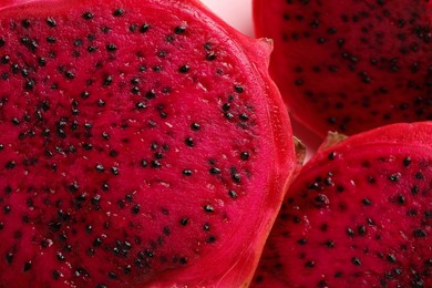 Delicious cut red pitahaya fruit, closeup view