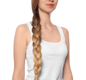 Teenage girl with strong healthy braided hair on white background, closeup